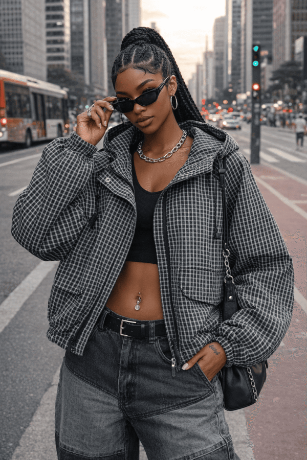 Jaqueta Bomber Oversized Xadrez Grid